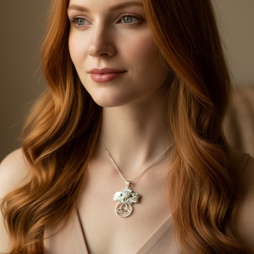 Scottish Thistle Trinity Knot Necklace in Sterling Silver | Pendant | Wiccan Center