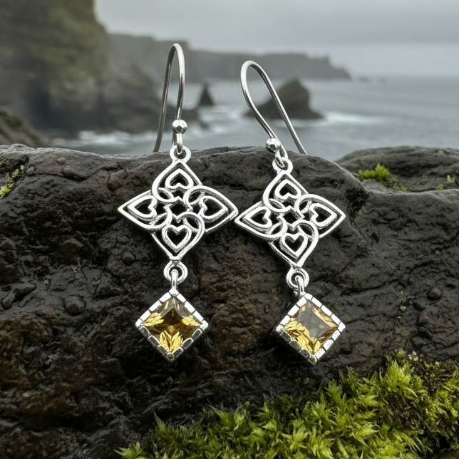 Celtic Love Knot Citrine Earrings in Sterling Silver | Dangle Earrings | Wiccan Center