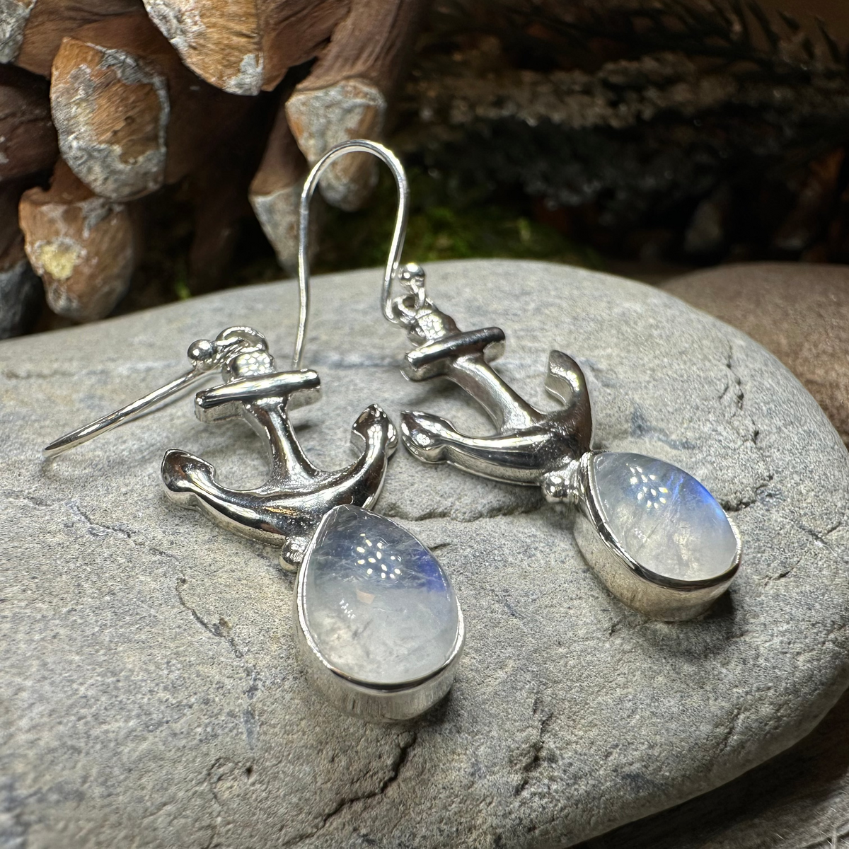 Moonstone Anchor Earrings | Dangle Earrings | Wiccan Center
