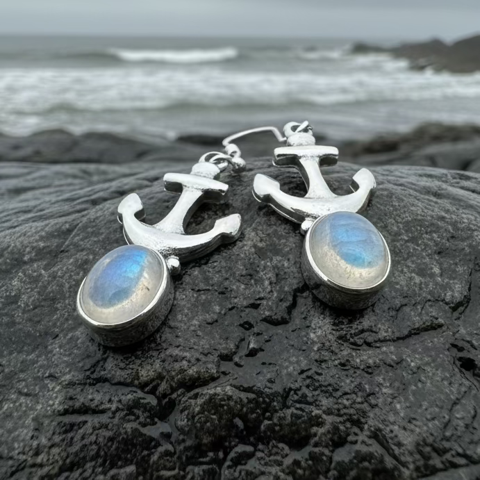 Moonstone Anchor Earrings | Dangle Earrings | Wiccan Center