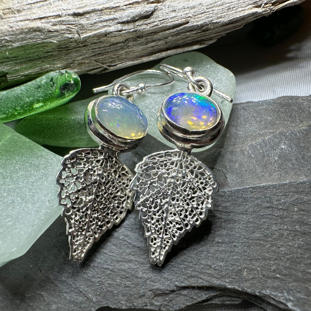 Celtic Leaf Opal Earrings | Dangle Earrings | Wiccan Center