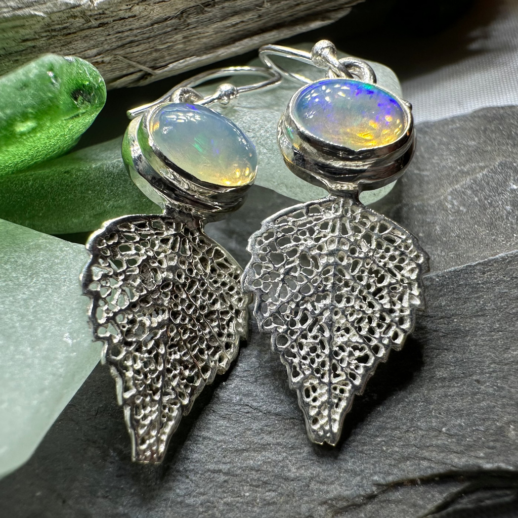 Celtic Leaf Opal Earrings | Dangle Earrings | Wiccan Center