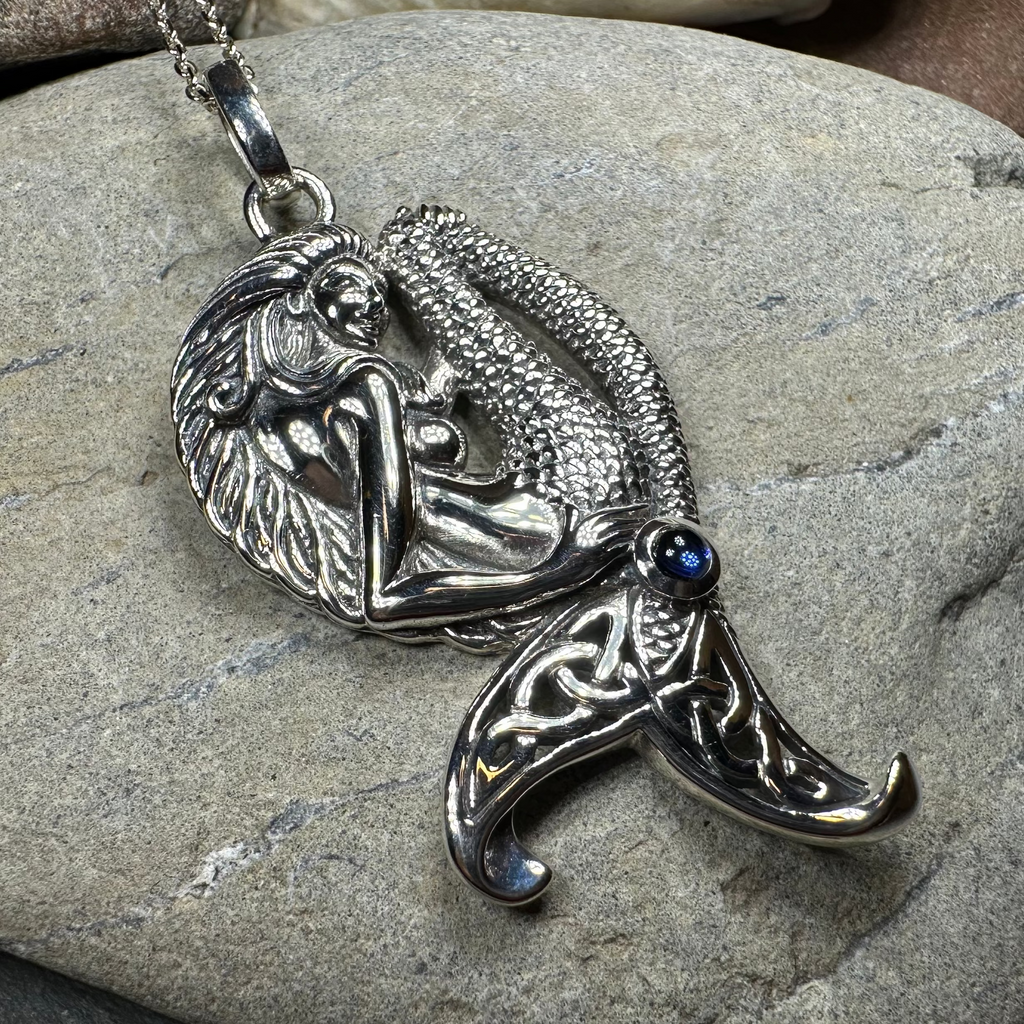 Eldoris Sapphire Celtic Mermaid Necklace in Sterling Silver | Pendant | Wiccan Center