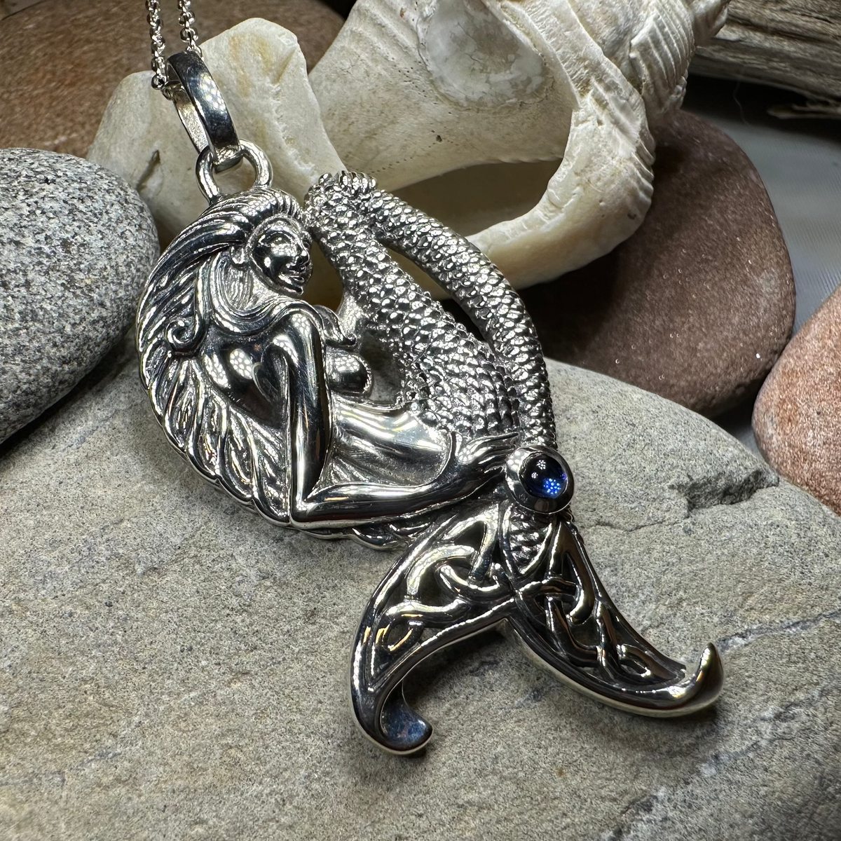 Eldoris Sapphire Celtic Mermaid Necklace in Sterling Silver | Pendant | Wiccan Center