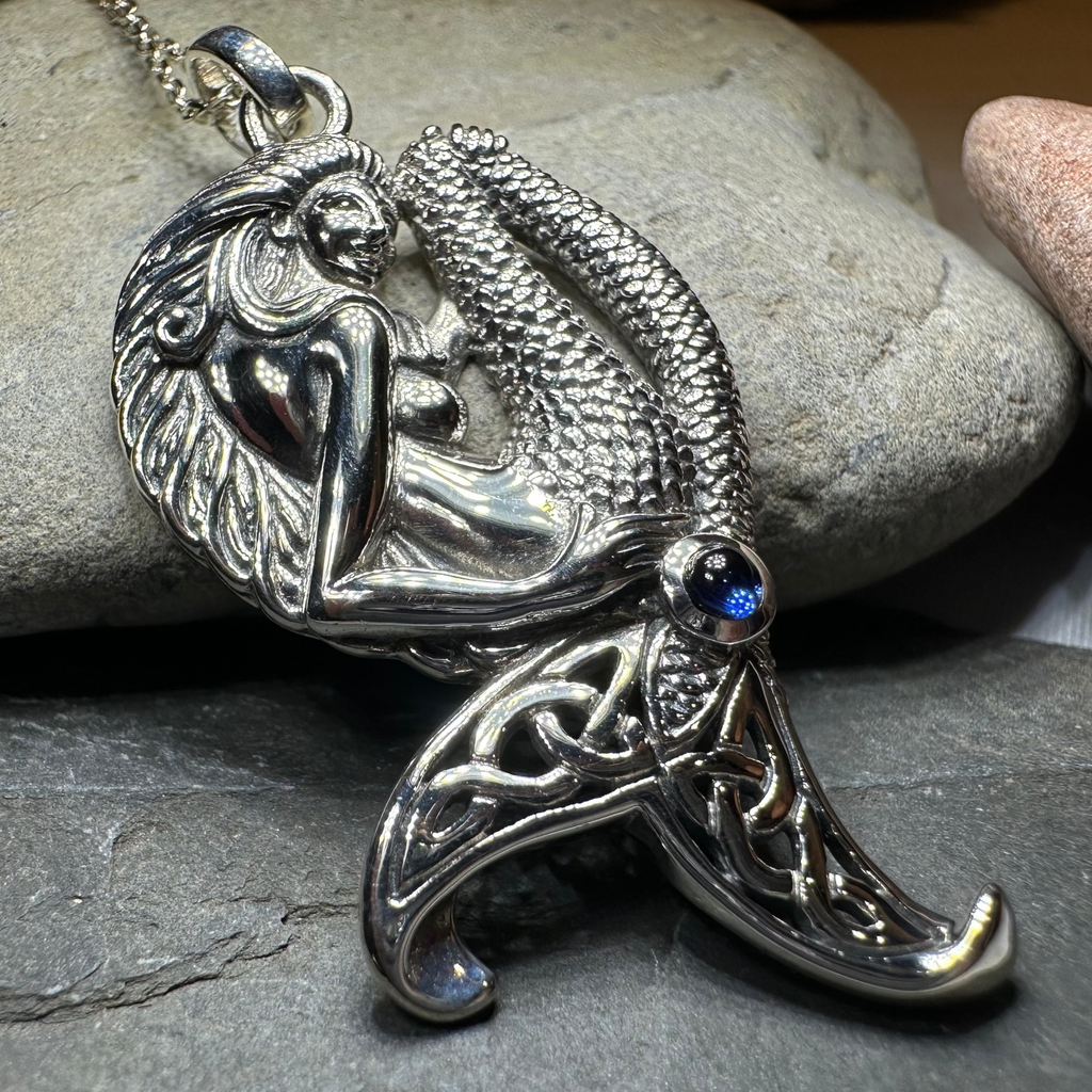 Eldoris Sapphire Celtic Mermaid Necklace in Sterling Silver | Pendant | Wiccan Center