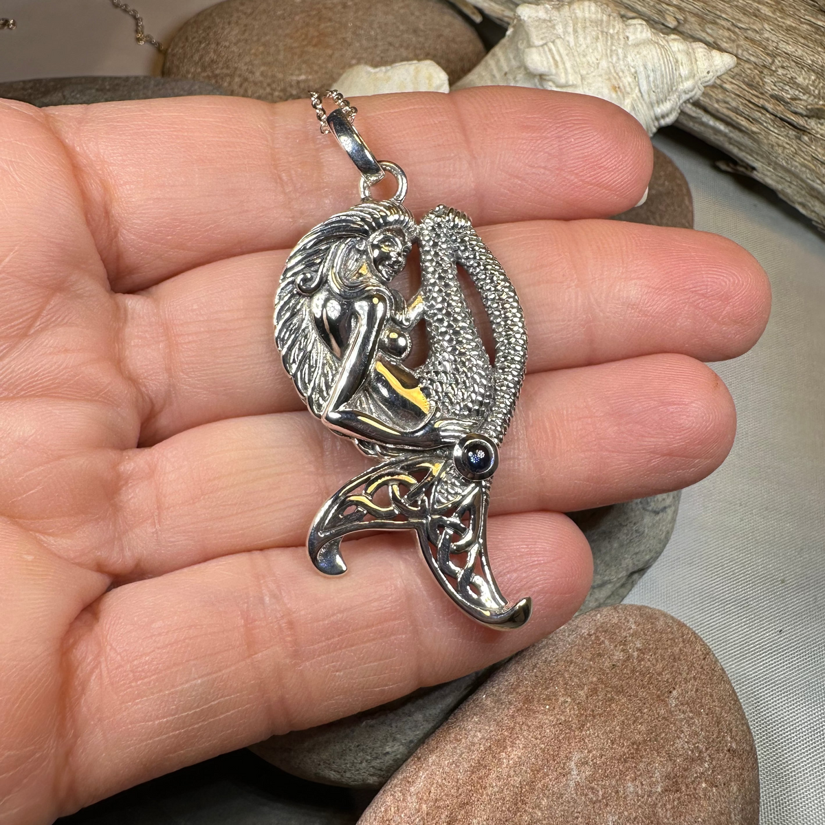 Eldoris Sapphire Celtic Mermaid Necklace in Sterling Silver | Pendant | Wiccan Center