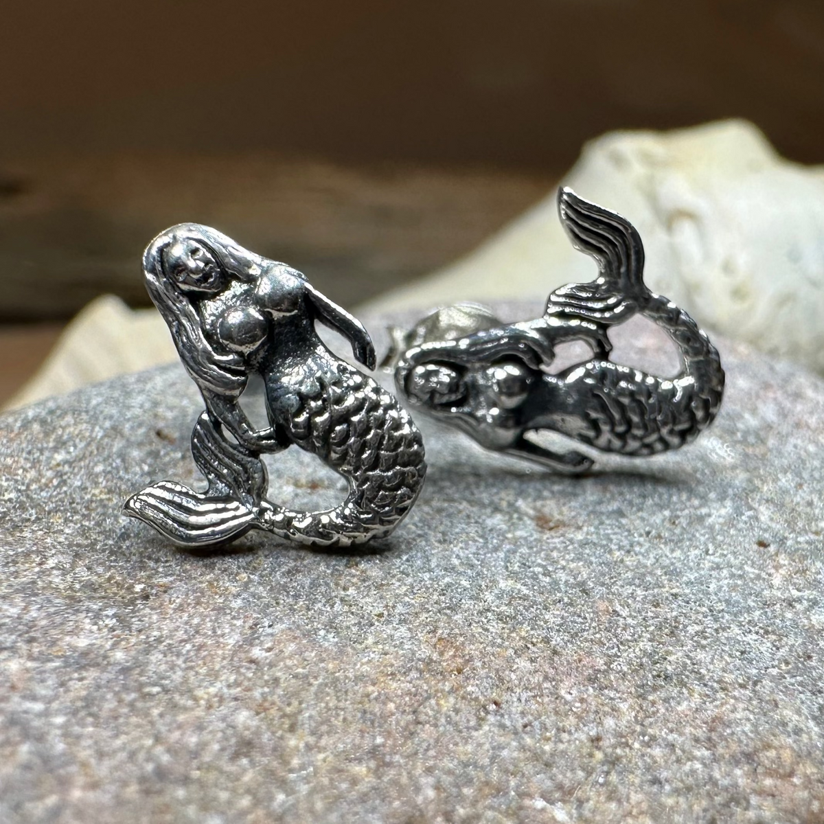Beach Loving Mermaid Post Earrings in Sterling Silver | Post Earrings | Wiccan Center