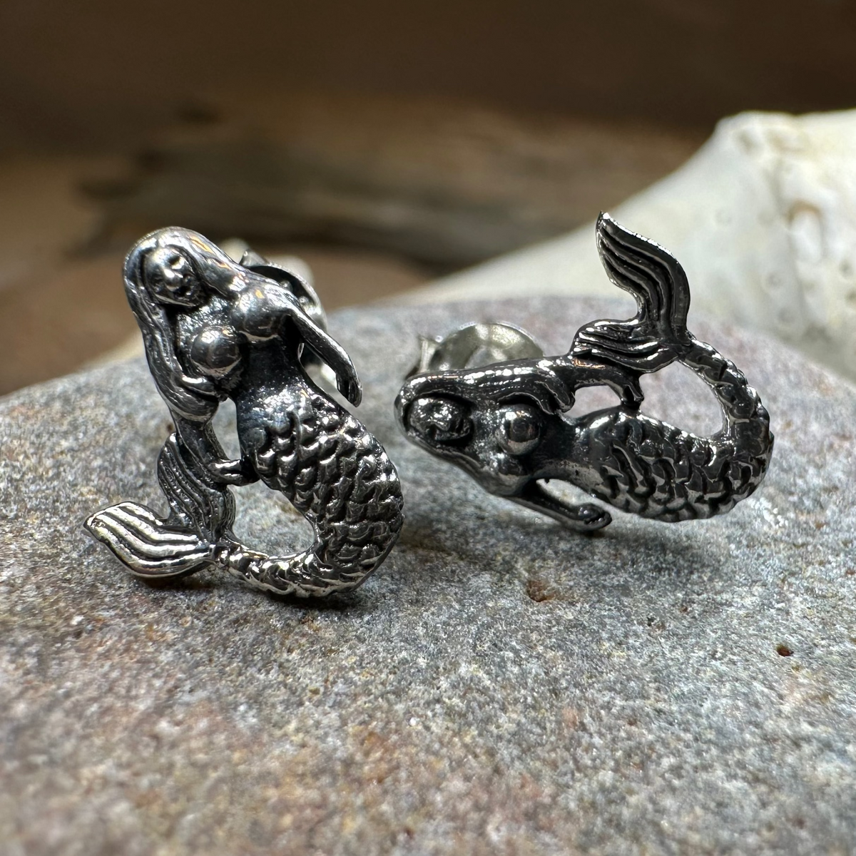 Beach Loving Mermaid Post Earrings in Sterling Silver | Post Earrings | Wiccan Center