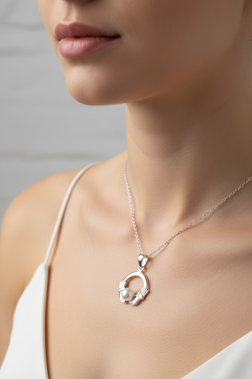 Pearl Irish Claddagh Necklace in Sterling Silver