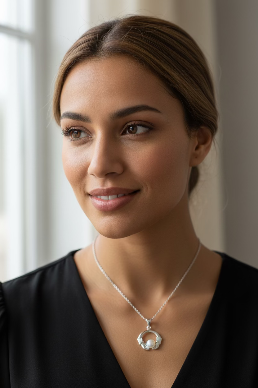 Pearl Irish Claddagh Necklace in Sterling Silver