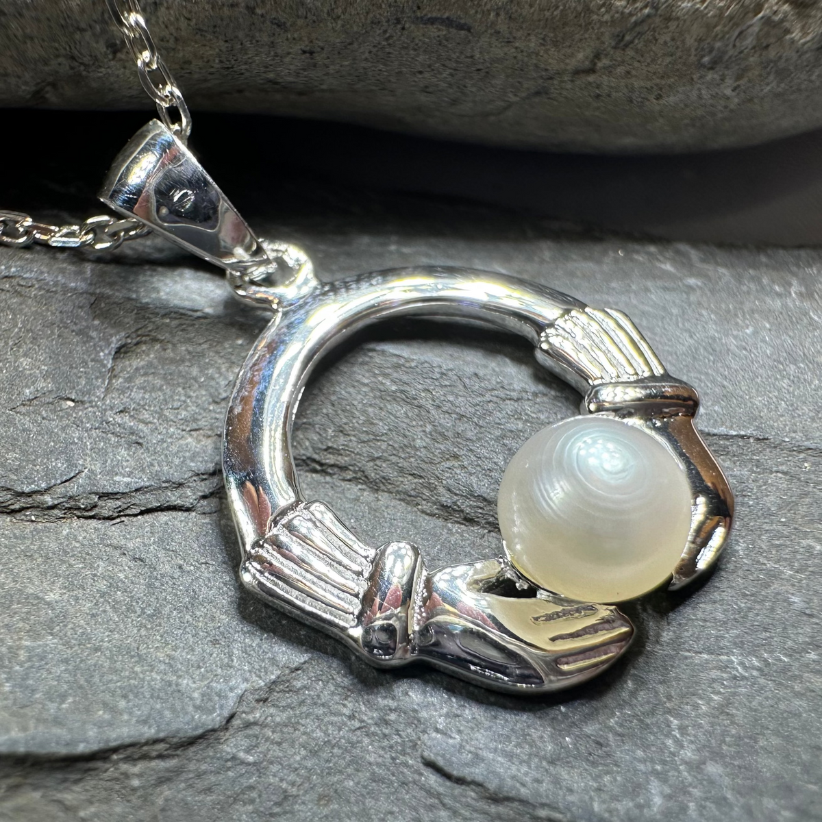 Pearl Irish Claddagh Necklace in Sterling Silver