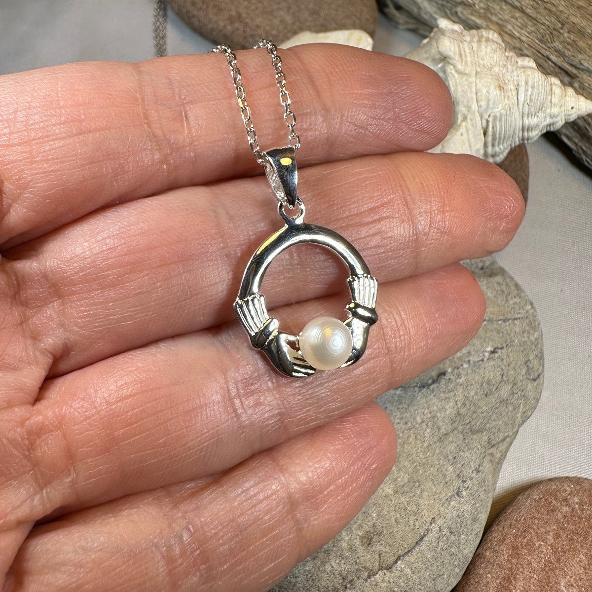 Pearl Irish Claddagh Necklace in Sterling Silver