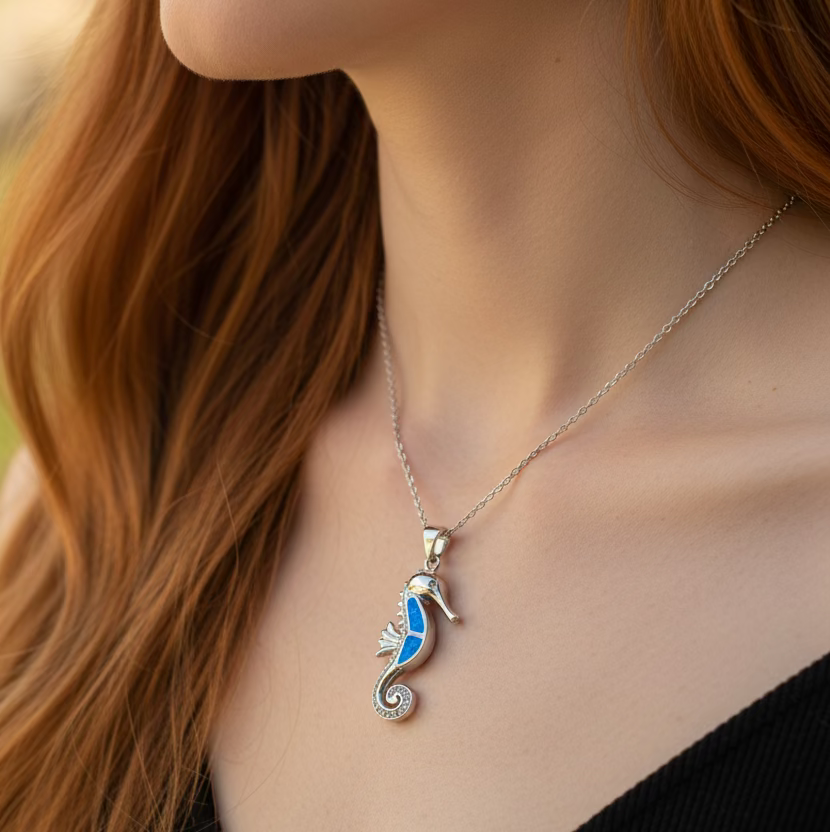 Blue Opal Seahorse Necklace | Pendant | Wiccan Center