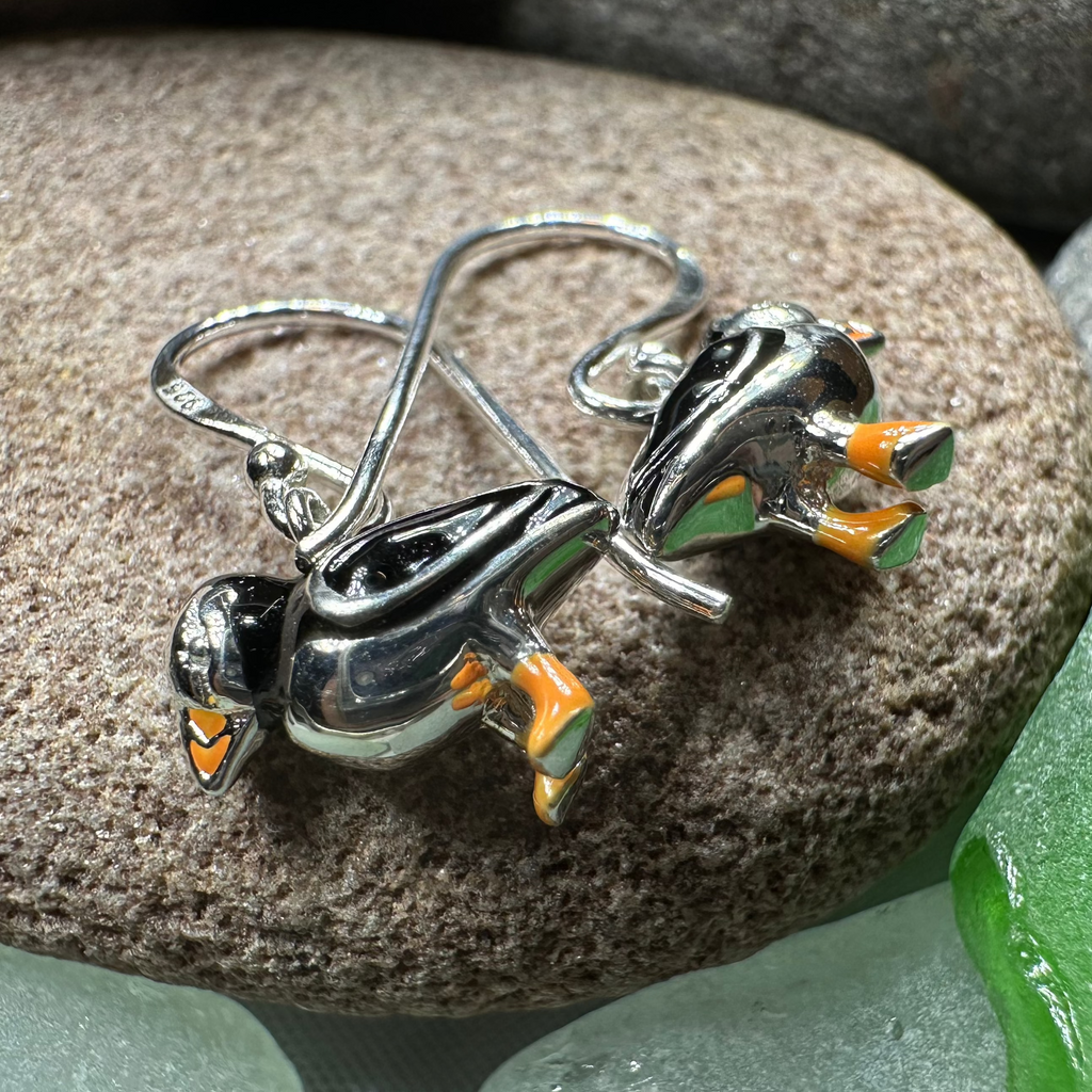 Enamel Puffin Earrings in Sterling Silver | Dangle Earrings | Wiccan Center