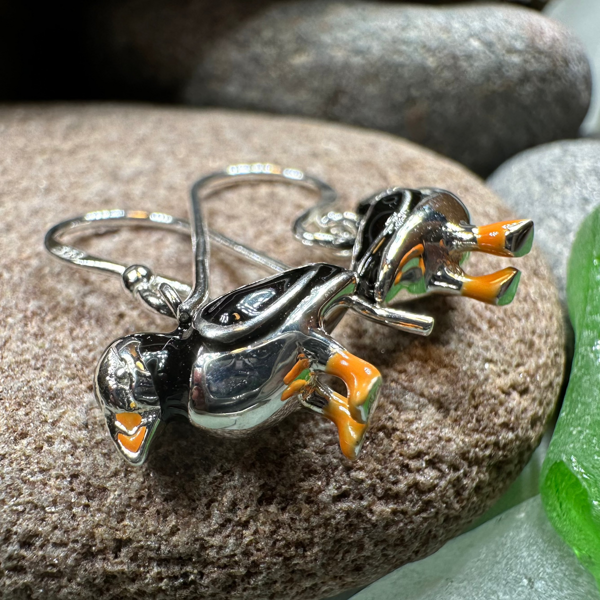Enamel Puffin Earrings in Sterling Silver | Dangle Earrings | Wiccan Center