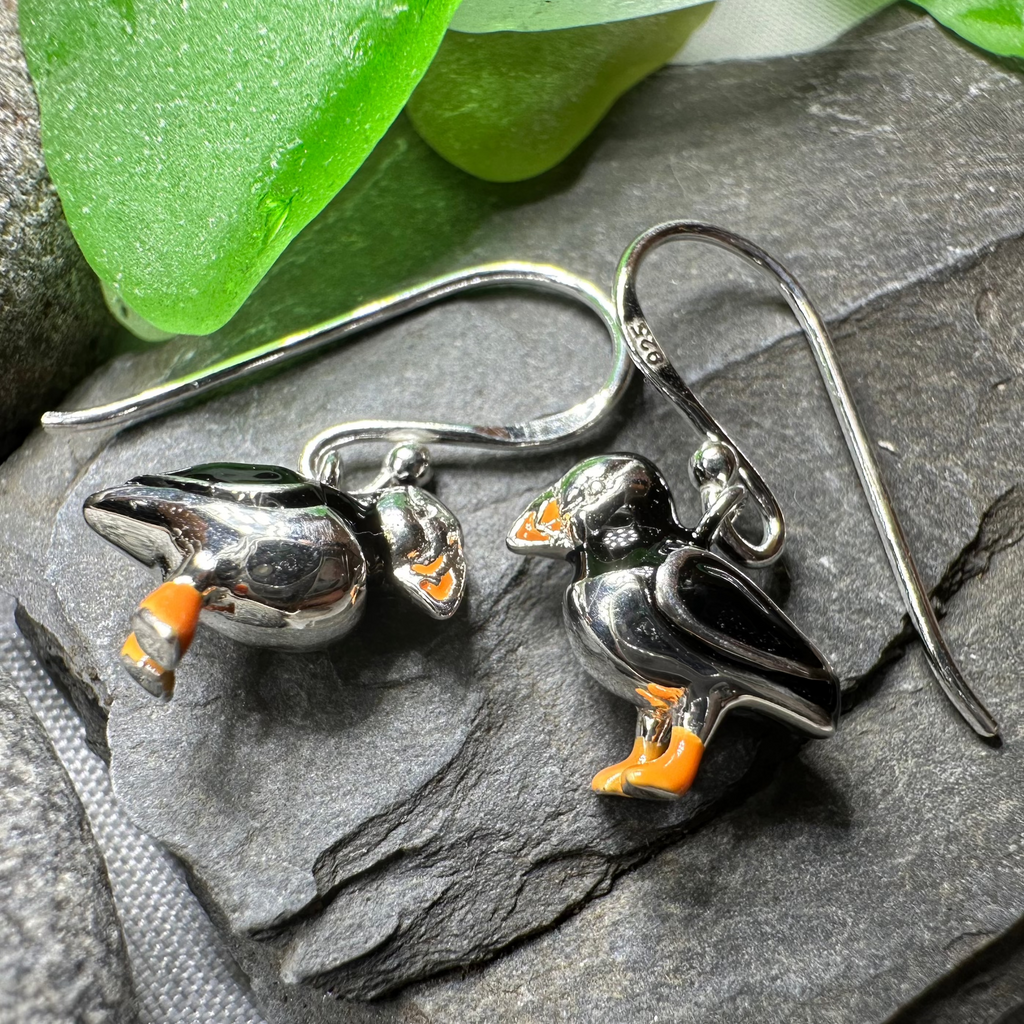 Enamel Puffin Earrings in Sterling Silver | Dangle Earrings | Wiccan Center