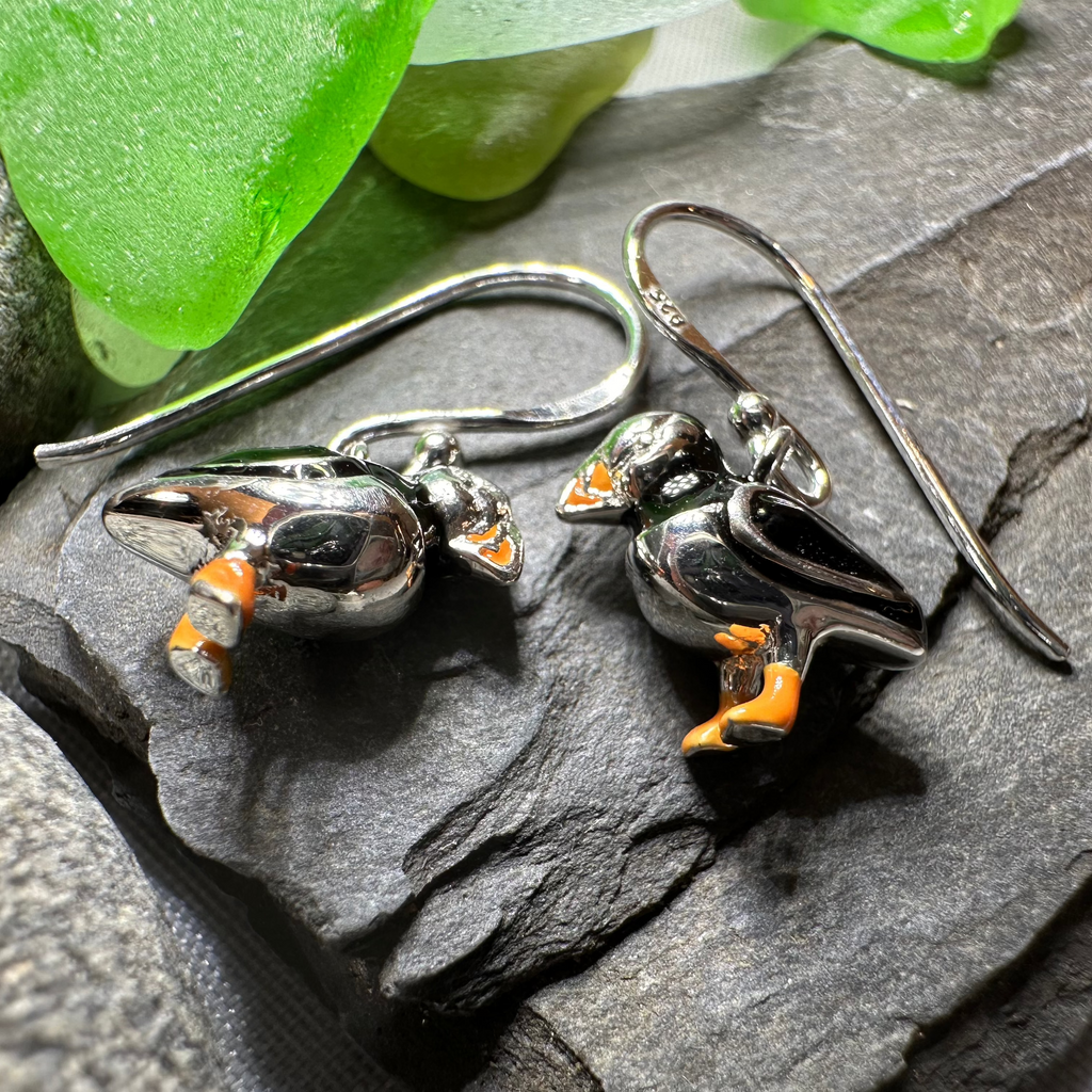 Enamel Puffin Earrings in Sterling Silver | Dangle Earrings | Wiccan Center