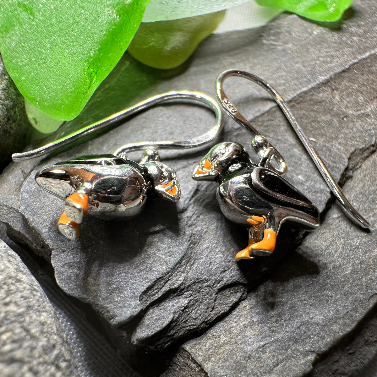 Enamel Puffin Earrings in Sterling Silver | Dangle Earrings | Wiccan Center
