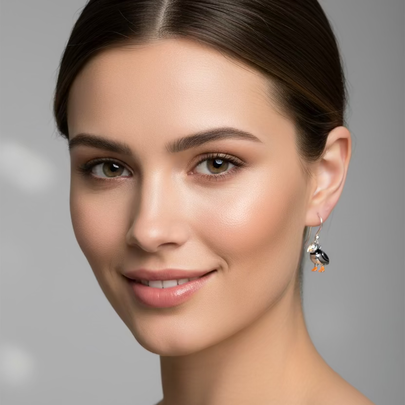 Enamel Puffin Earrings in Sterling Silver | Dangle Earrings | Wiccan Center