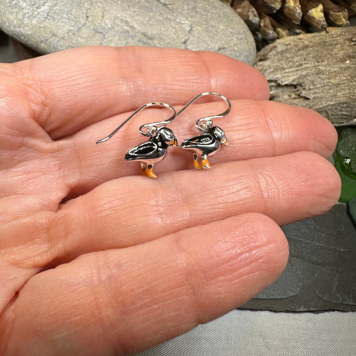Enamel Puffin Earrings in Sterling Silver | Dangle Earrings | Wiccan Center