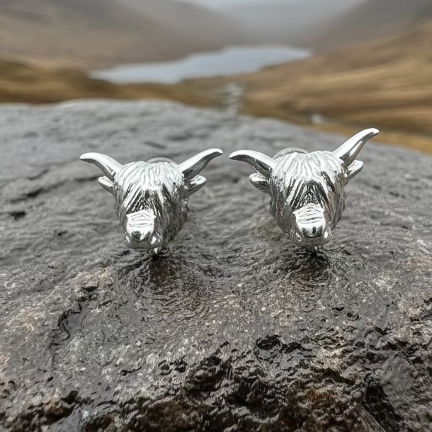 Wee Coo Scottish Highland Cow Earrings in Sterling Silver | Post Earrings | Wiccan Center
