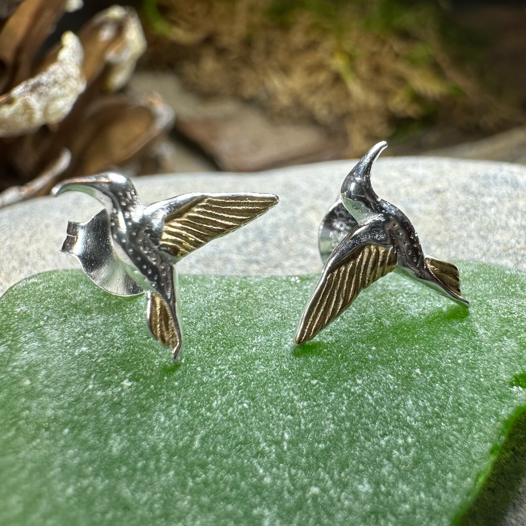 Golden Wing Hummingbird Post Earrings in Sterling Silver | Post Earrings | Wiccan Center
