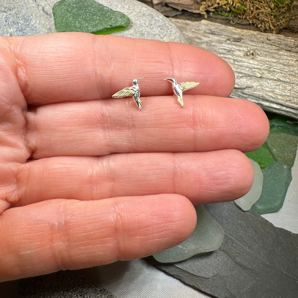 Golden Wing Hummingbird Post Earrings in Sterling Silver | Post Earrings | Wiccan Center
