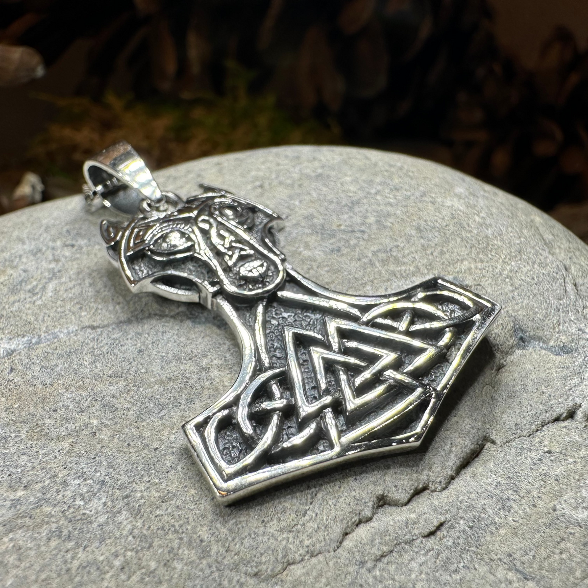 Wolf's Head Thor's Hammer Necklace in Sterling Silver