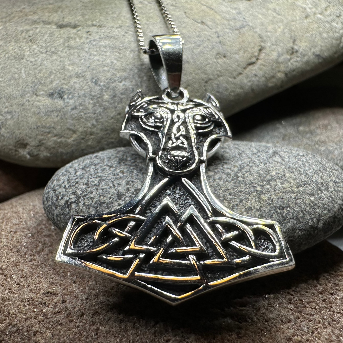 Wolf's Head Thor's Hammer Necklace in Sterling Silver