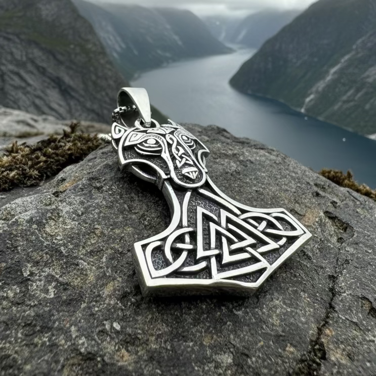 Wolf's Head Thor's Hammer Necklace in Sterling Silver