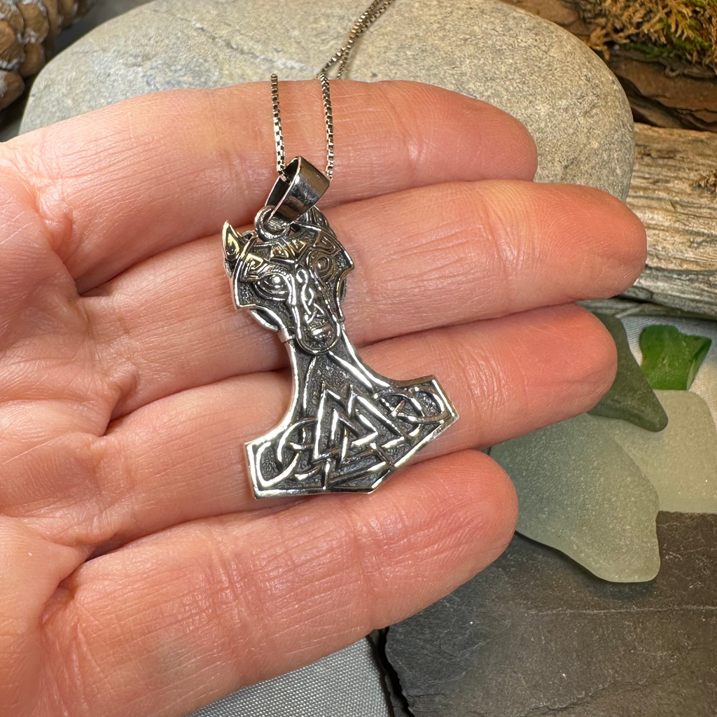 Wolf's Head Thor's Hammer Necklace in Sterling Silver