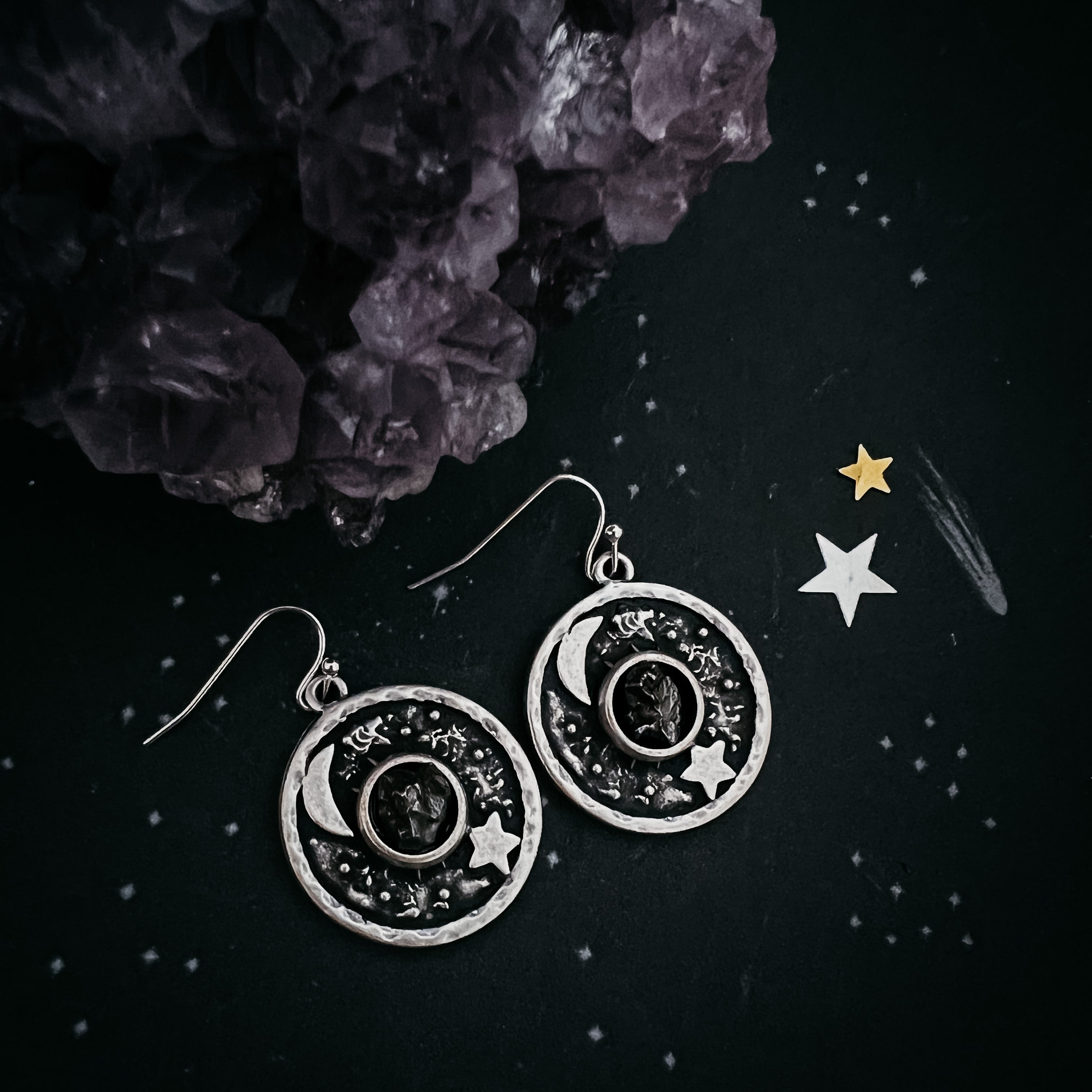 Night Sky Dangle Earrings with Raw Meteorite | Earrings | Wiccan Center