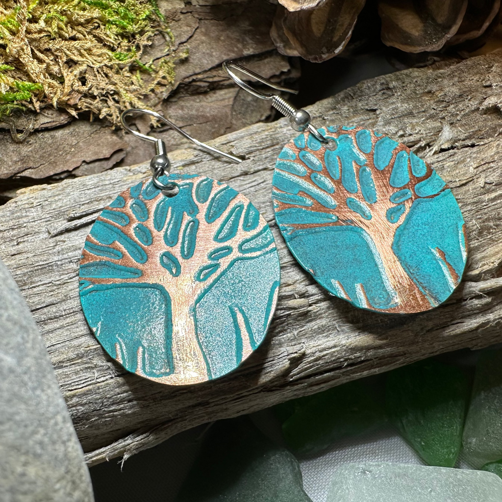 Green Oak Tree of Life Copper Earrings | Dangle Earrings | Wiccan Center