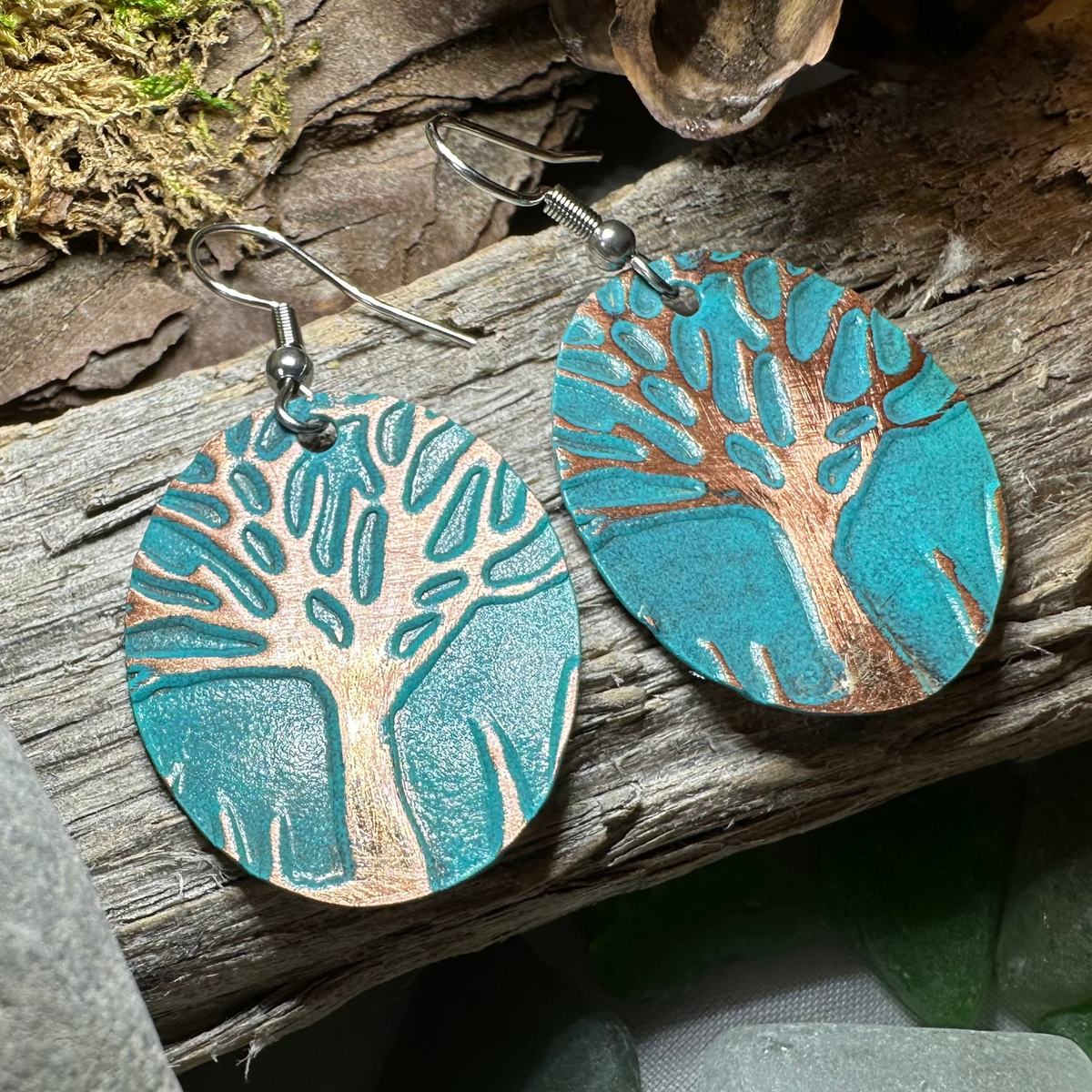 Green Oak Tree of Life Copper Earrings | Dangle Earrings | Wiccan Center