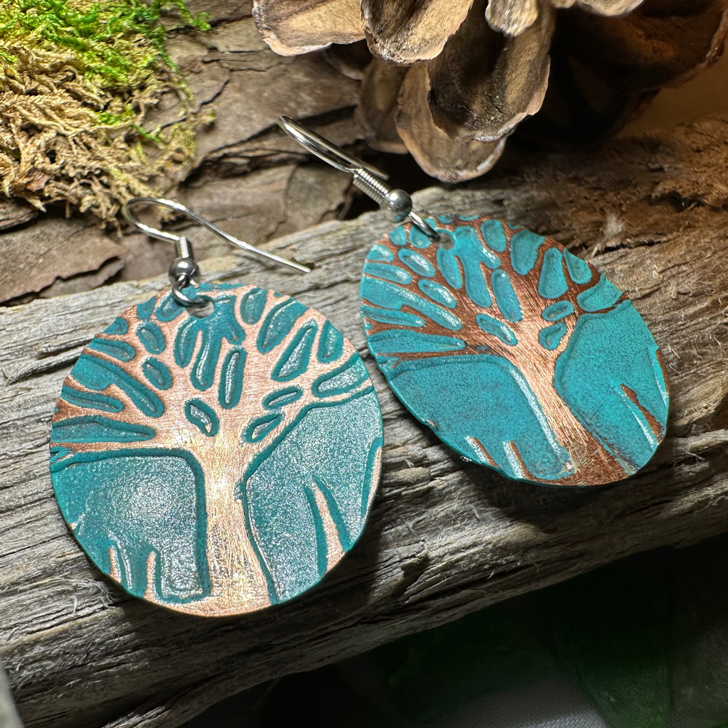 Green Oak Tree of Life Copper Earrings | Dangle Earrings | Wiccan Center