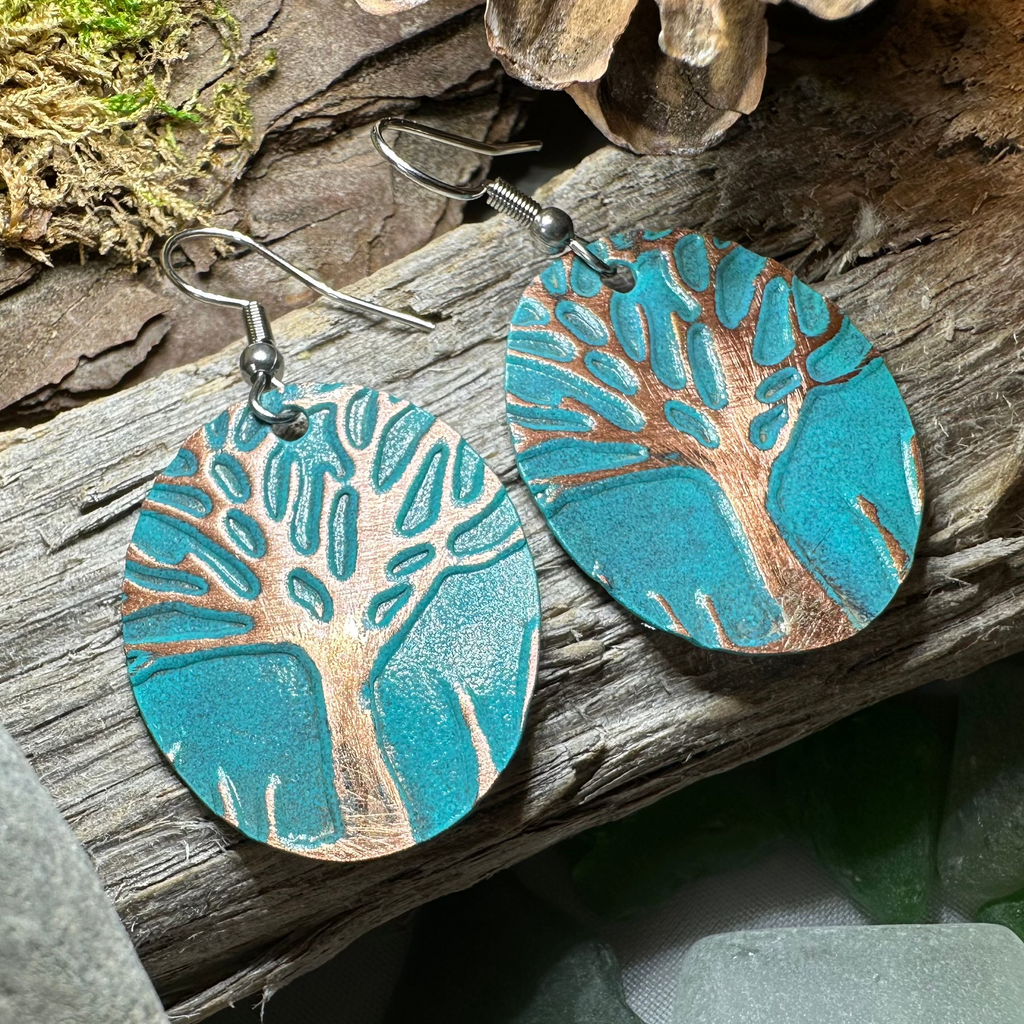 Green Oak Tree of Life Copper Earrings | Dangle Earrings | Wiccan Center