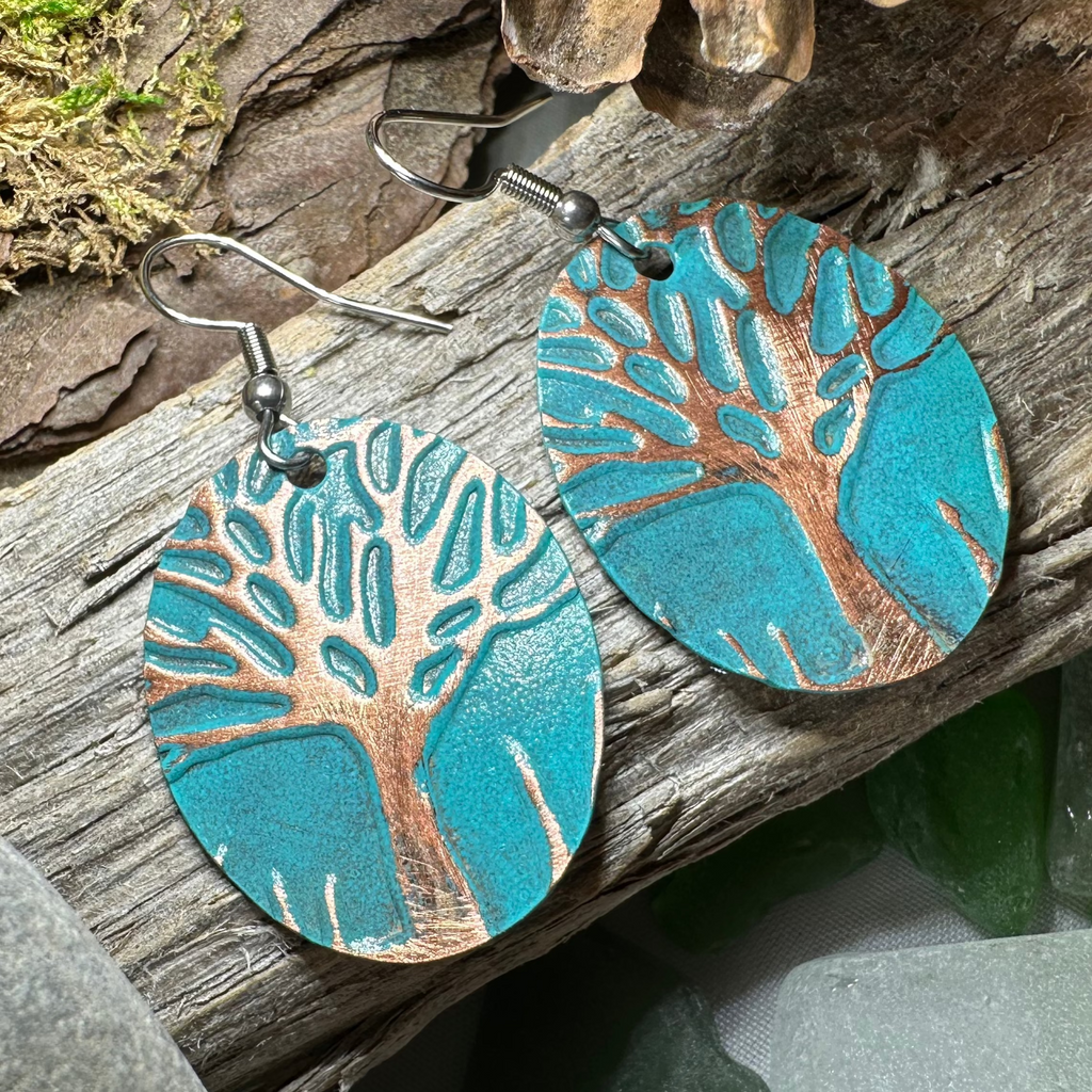 Green Oak Tree of Life Copper Earrings | Dangle Earrings | Wiccan Center