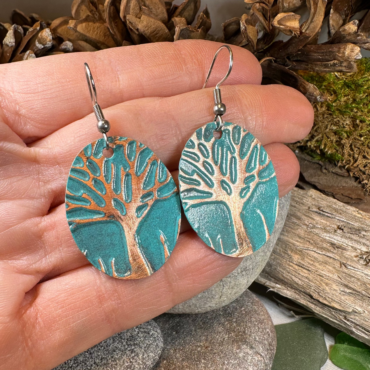 Green Oak Tree of Life Copper Earrings | Dangle Earrings | Wiccan Center