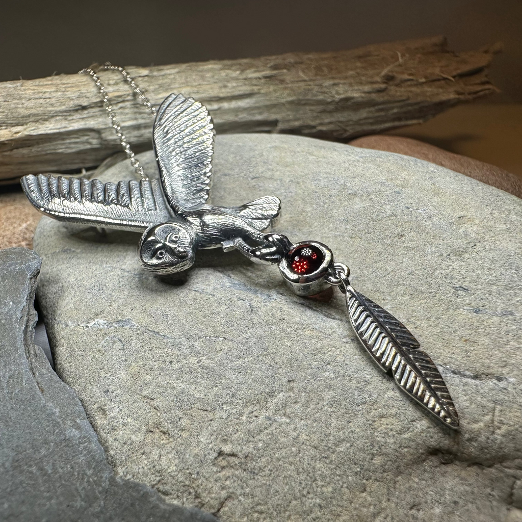 Garnet Owl Necklace in Sterling Silver | Pendant | Wiccan Center