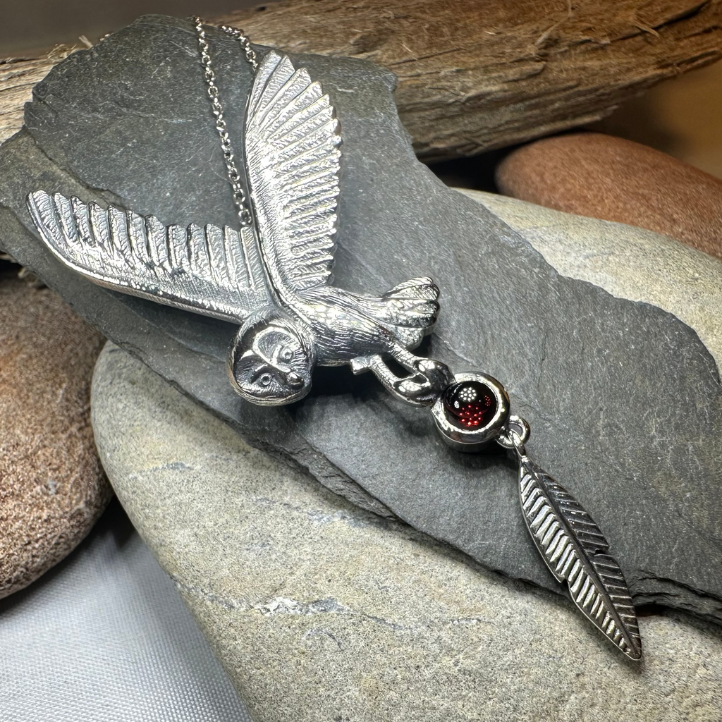 Garnet Owl Necklace in Sterling Silver | Pendant | Wiccan Center