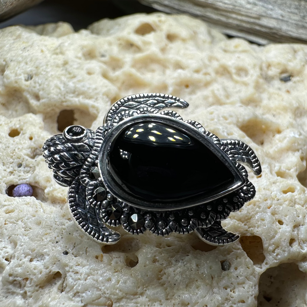 Aryn Onyx Turtle Brooch in Sterling Silver | Pendant | Wiccan Center