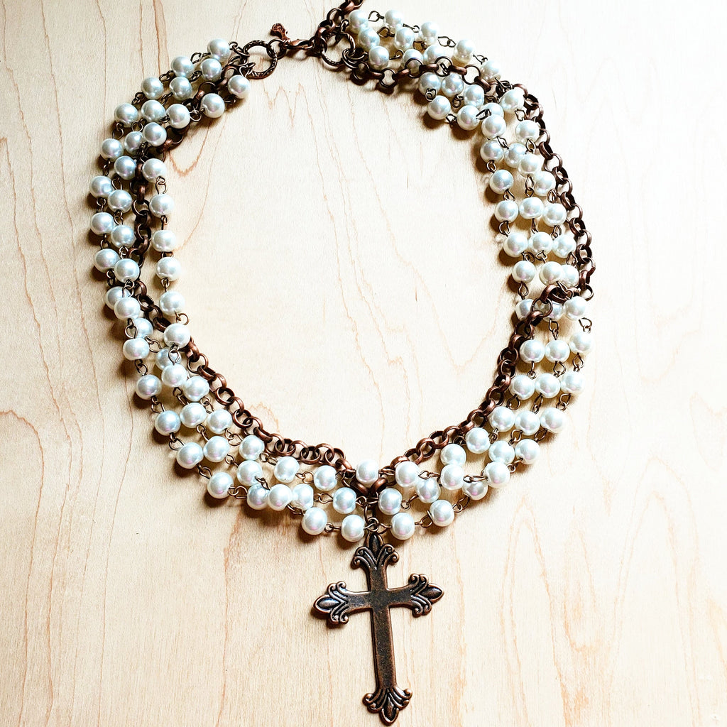 Pearl and Copper Beaded Collar Necklace with Copper Cross 114G | Necklace | Wiccan Center