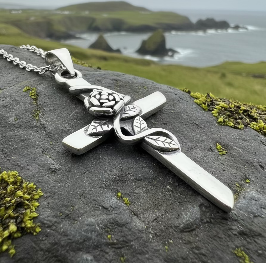 Faithful Rose Cross Necklace in Sterling Silver