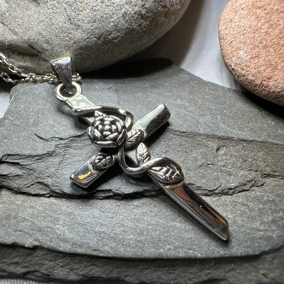 Faithful Rose Cross Necklace in Sterling Silver