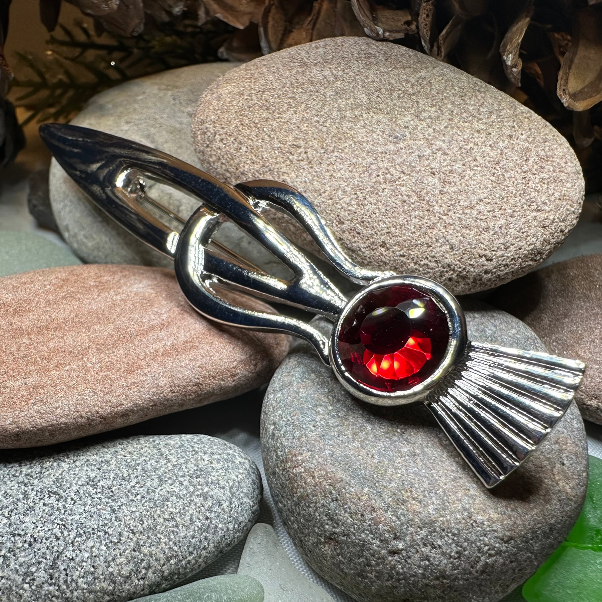 Tollak Thistle Kilt Pin with Crystal - Handmade in Scotland