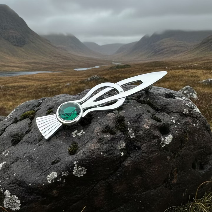 Tollak Thistle Kilt Pin with Crystal - Handmade in Scotland