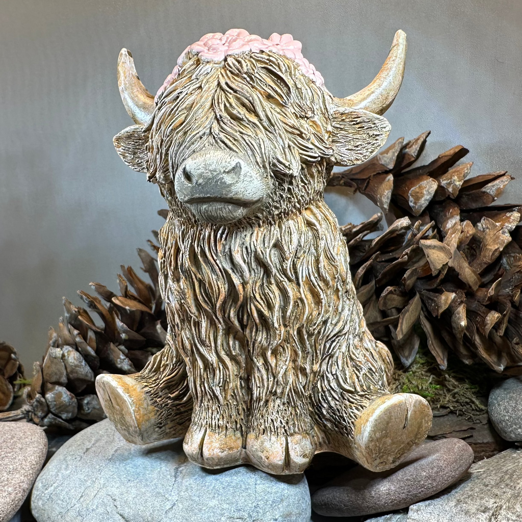 Flowers Scottish Highland Cow Figurine | Gifts | Wiccan Center