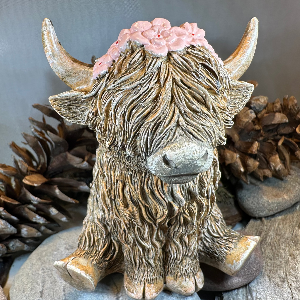 Flowers Scottish Highland Cow Figurine | Gifts | Wiccan Center