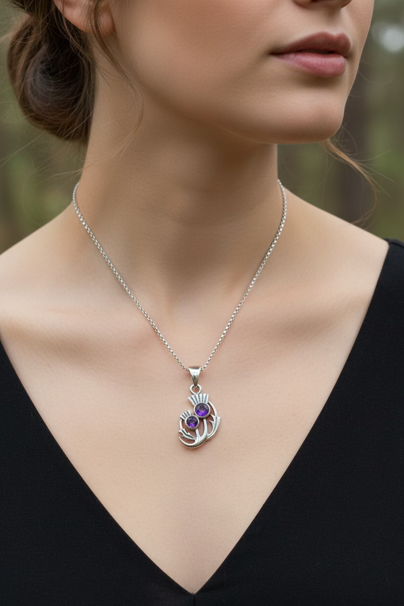 Scottish Spring Thistle Amethyst Necklace in Sterling Silver | Pendant | Wiccan Center