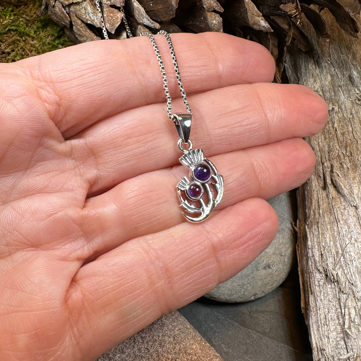 Scottish Spring Thistle Amethyst Necklace in Sterling Silver | Pendant | Wiccan Center